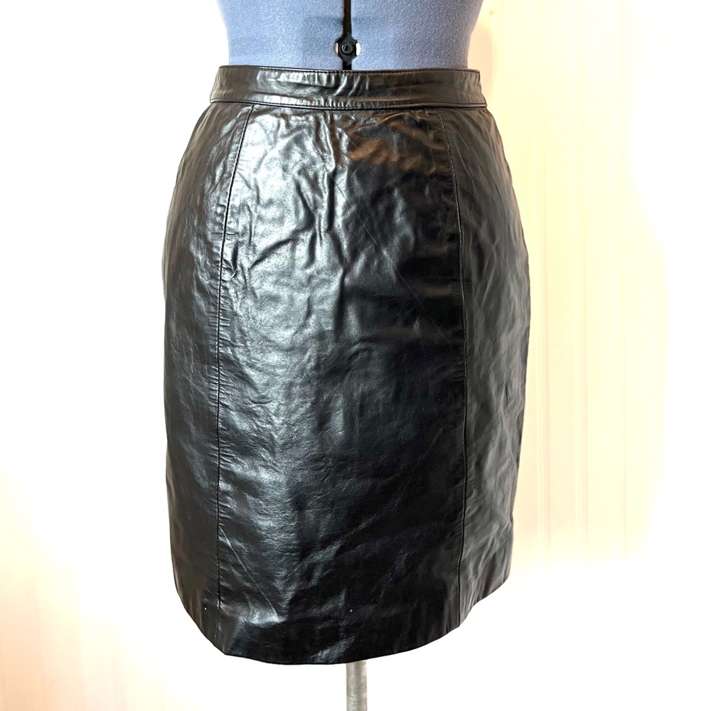 Vintage Black Leather Pencil Skirt Tight Sexy Goth Zip Up Byrnes & Baker Size 10